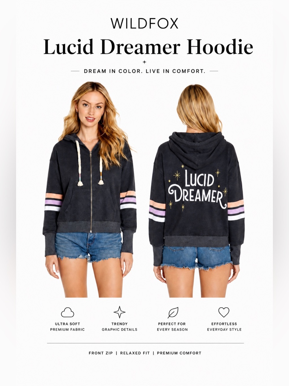 Wildfox Lucid Dreamer Hoodie NWT XL Charcoal Zip Up Graphic Hoodie